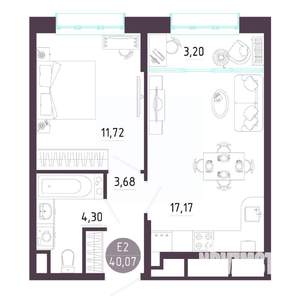 1-к квартира, строящийся дом, 40м2, 9/10 этаж