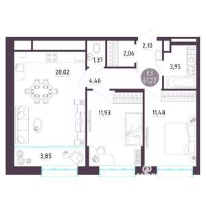 2-к квартира, строящийся дом, 61м2, 9/10 этаж