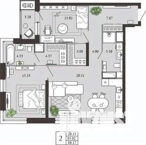 2-к квартира, вторичка, 89м2, 7/21 этаж