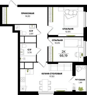 2-к квартира, вторичка, 66м2, 23/25 этаж