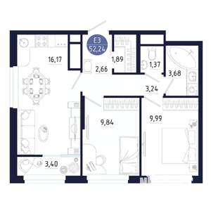 2-к квартира, строящийся дом, 52м2, 24/25 этаж