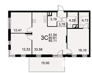 3-к квартира, строящийся дом, 91м2, 1/11 этаж