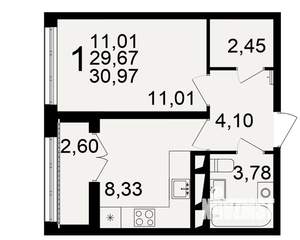 1-к квартира, строящийся дом, 30м2, 2/18 этаж