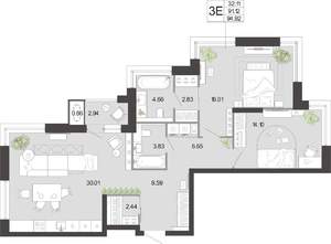 2-к квартира, вторичка, 95м2, 1/21 этаж