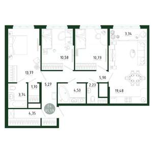 3-к квартира, строящийся дом, 86м2, 7/25 этаж