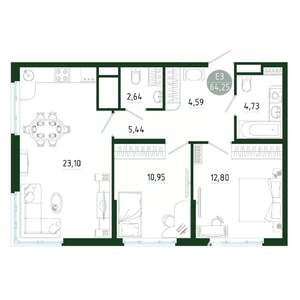 2-к квартира, строящийся дом, 64м2, 12/25 этаж