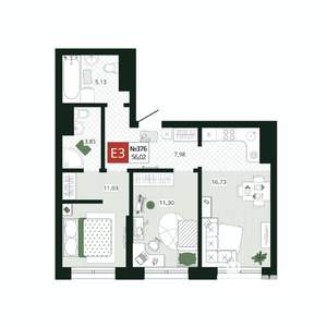 2-к квартира, вторичка, 56м2, 19/19 этаж