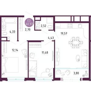 2-к квартира, вторичка, 61м2, 10/10 этаж