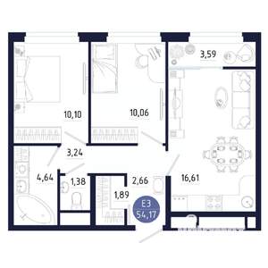 2-к квартира, строящийся дом, 54м2, 13/25 этаж