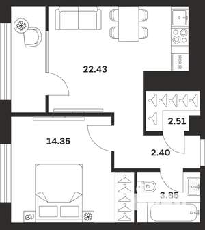 1-к квартира, строящийся дом, 46м2, 18/25 этаж