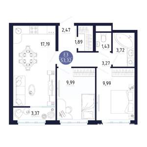 2-к квартира, строящийся дом, 53м2, 8/25 этаж