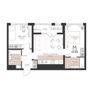 2-к квартира, вторичка, 53м2, 4/5 этаж