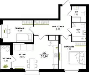 2-к квартира, вторичка, 66м2, 25/25 этаж