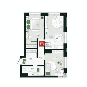 2-к квартира, вторичка, 56м2, 13/19 этаж