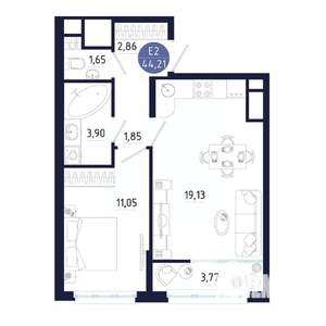 1-к квартира, строящийся дом, 44м2, 10/25 этаж