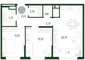 2-к квартира, строящийся дом, 66м2, 19/25 этаж