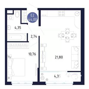 1-к квартира, вторичка, 44м2, 9/25 этаж