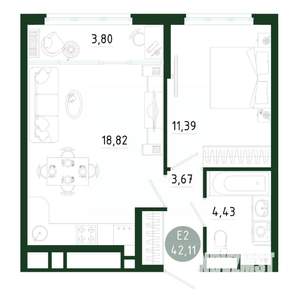1-к квартира, строящийся дом, 42м2, 24/25 этаж