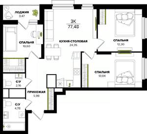 3-к квартира, строящийся дом, 77м2, 20/25 этаж
