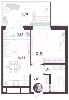 1-к квартира, вторичка, 53м2, 1/10 этаж