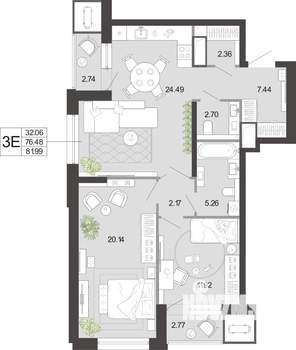 2-к квартира, вторичка, 82м2, 2/21 этаж