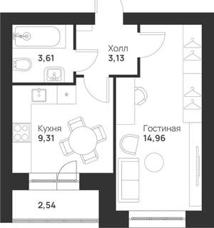 1-к квартира, строящийся дом, 34м2, 2/5 этаж