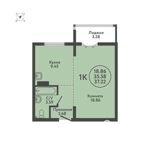 1-к квартира, вторичка, 37м2, 9/9 этаж