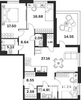 3-к квартира, вторичка, 122м2, 4/4 этаж