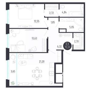 2-к квартира, строящийся дом, 76м2, 6/8 этаж