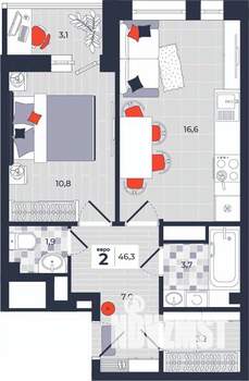 2-к квартира, строящийся дом, 46м2, 10/14 этаж