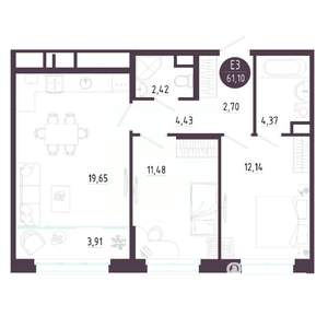 2-к квартира, вторичка, 61м2, 9/10 этаж