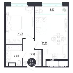 1-к квартира, строящийся дом, 48м2, 5/8 этаж