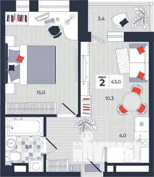 2-к квартира, строящийся дом, 43м2, 7/14 этаж