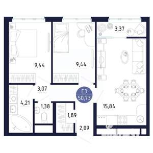 1-к квартира, строящийся дом, 51м2, 12/25 этаж