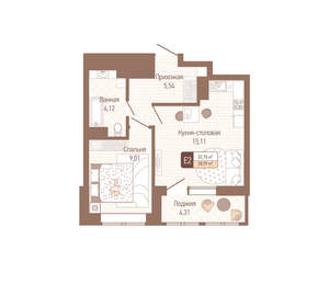 1-к квартира, вторичка, 38м2, 8/14 этаж