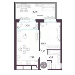 2-к квартира, строящийся дом, 56м2, 1/10 этаж