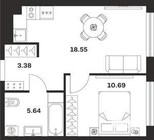 1-к квартира, строящийся дом, 38м2, 1/25 этаж
