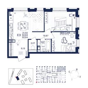 2-к квартира, строящийся дом, 53м2, 3/15 этаж