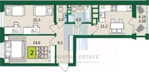 2-к квартира, сданный дом, 56м2, 6/9 этаж