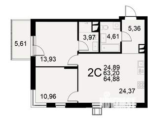 2-к квартира, строящийся дом, 63м2, 6/11 этаж