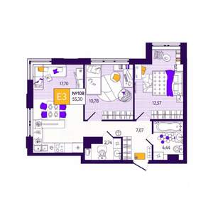 2-к квартира, вторичка, 55м2, 8/12 этаж