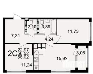 2-к квартира, строящийся дом, 56м2, 12/20 этаж