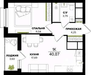1-к квартира, строящийся дом, 41м2, 2/25 этаж