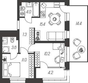 2-к квартира, строящийся дом, 60м2, 1/24 этаж