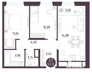 2-к квартира, вторичка, 53м2, 6/10 этаж
