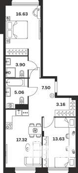 2-к квартира, вторичка, 67м2, 6/15 этаж