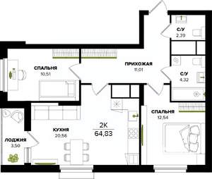 2-к квартира, вторичка, 65м2, 17/25 этаж