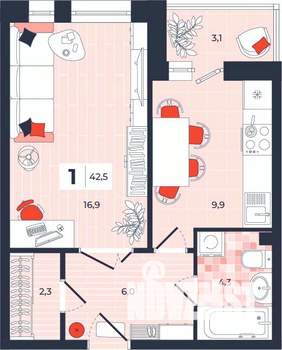 1-к квартира, строящийся дом, 43м2, 2/14 этаж