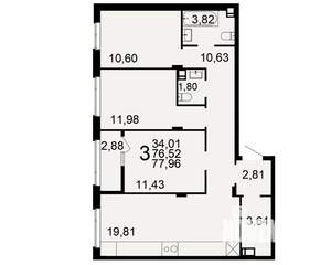 3-к квартира, вторичка, 78м2, 8/10 этаж