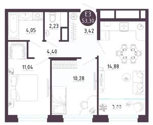 2-к квартира, вторичка, 53м2, 4/10 этаж